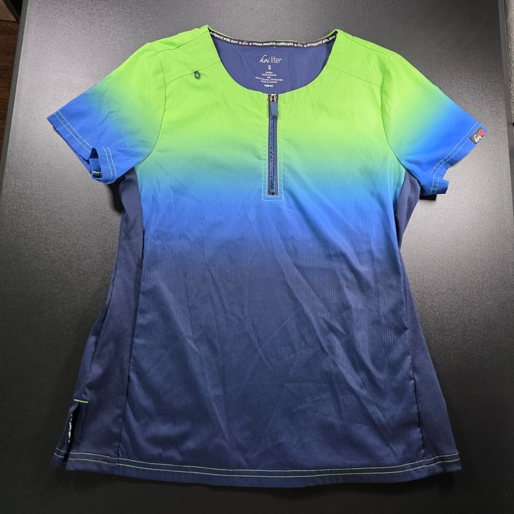 Koi Lite Serenity Ombre Scrub Top Lime Green Navy Blue Zip Front Slim Fit Small